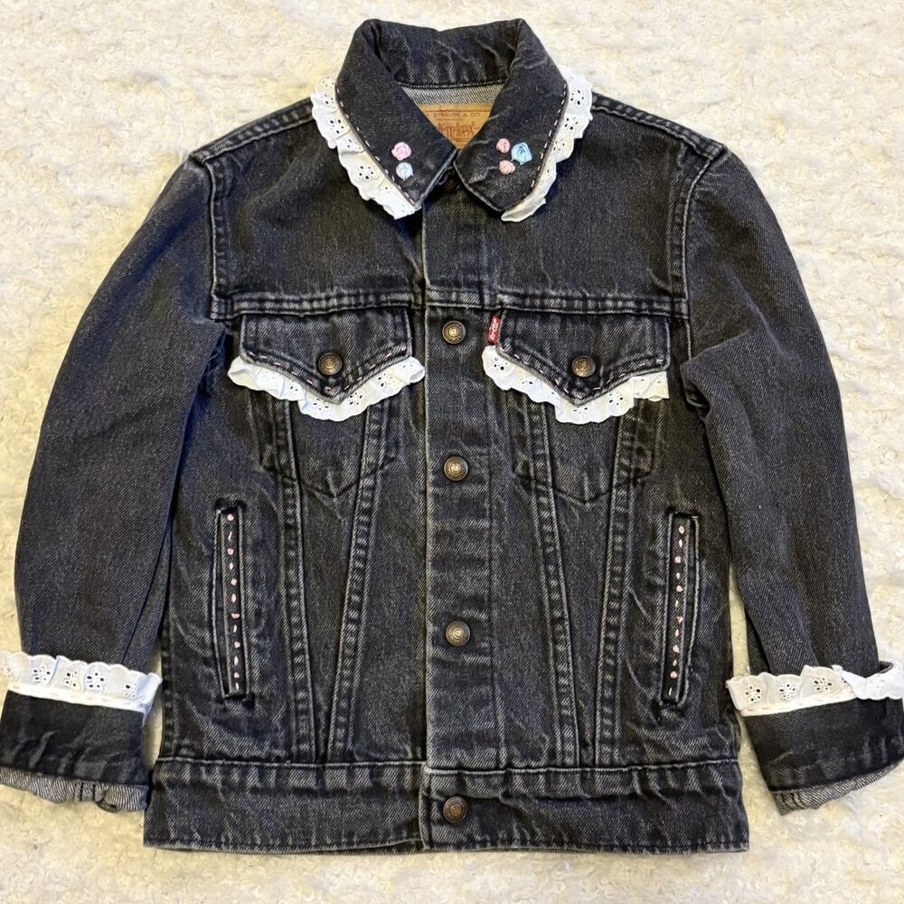 Vintage Levis Girls 12 Made In USA Black Denim Jacket Embroidered Floral Ruffle